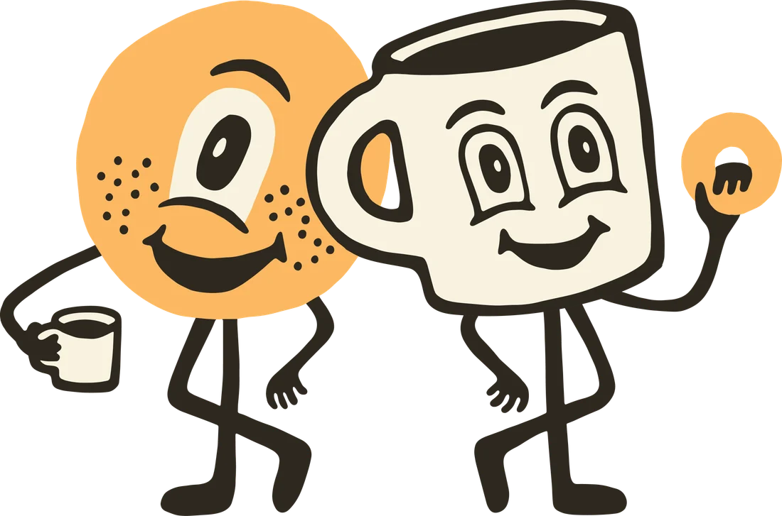 The Roundbreads bagel and coffee mug, walking together